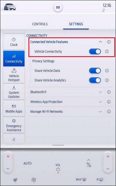 Vehicle Connectivity Toggle in SYNC 4A Connected Vehicle Features Menu