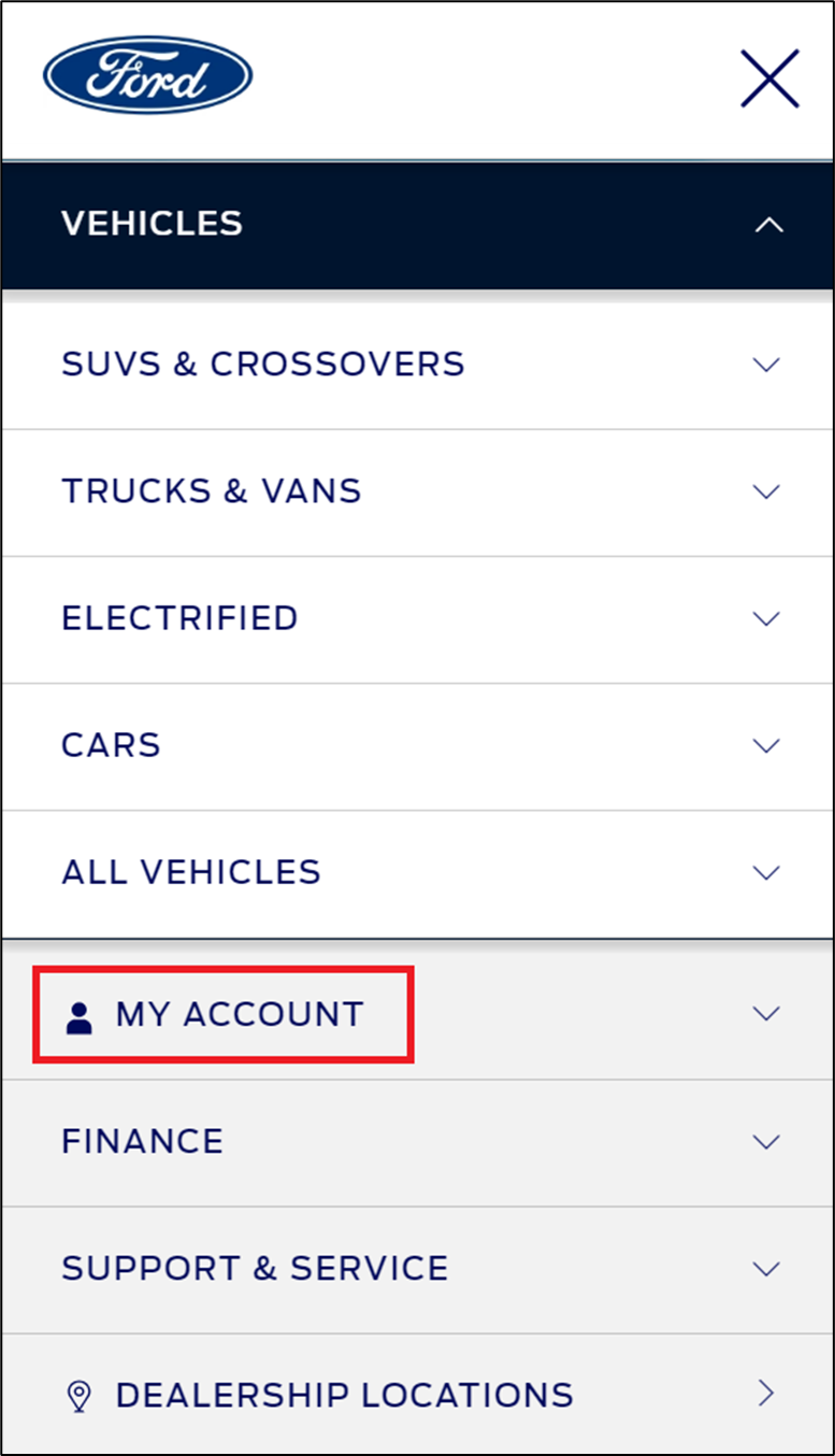 Ford website's Menu expanded with My Account dropdown option highlighted