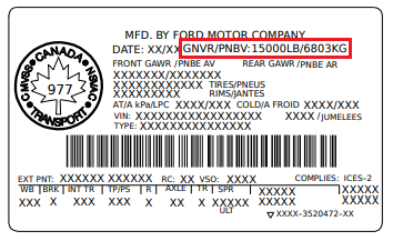 Safety Compliance Certification Label showing GNVR location