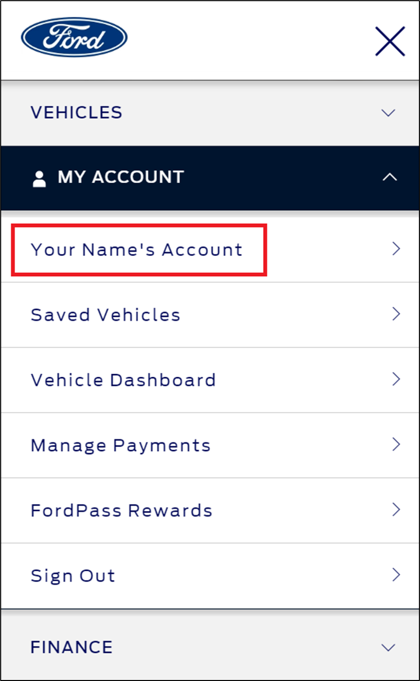 My Account dropdown expanded with <Your Name's> Account option highlighted