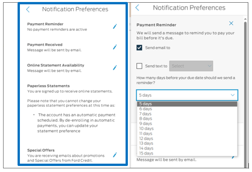 What type of account message notifications or alerts are available on my Ford Credit account?