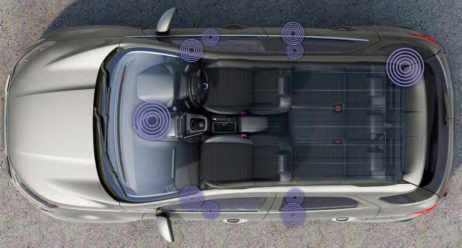 This image demonstrates the potential locations of each B&O speaker, but this is subject to change depending on the vehicle model and specifications. This is a 2021 EcoSport Titanium shown with the optional X Pack Solar Silver premium body colour paint.