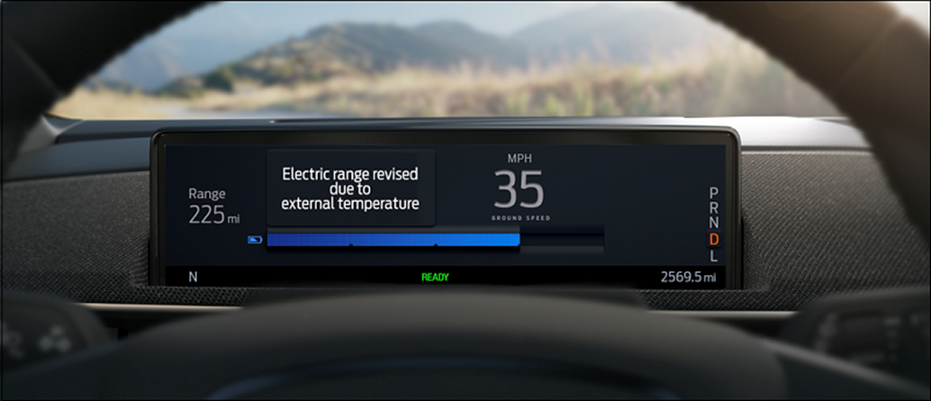 A Ford Electric Vehicle's dashboard with a digital Range Display.