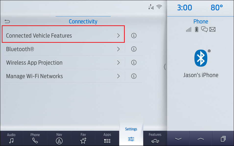 Connectivity Vehicle Features button in SYNC