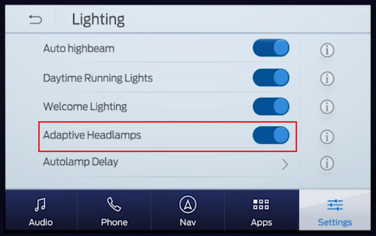 SYNC Adaptive Headlamps tab